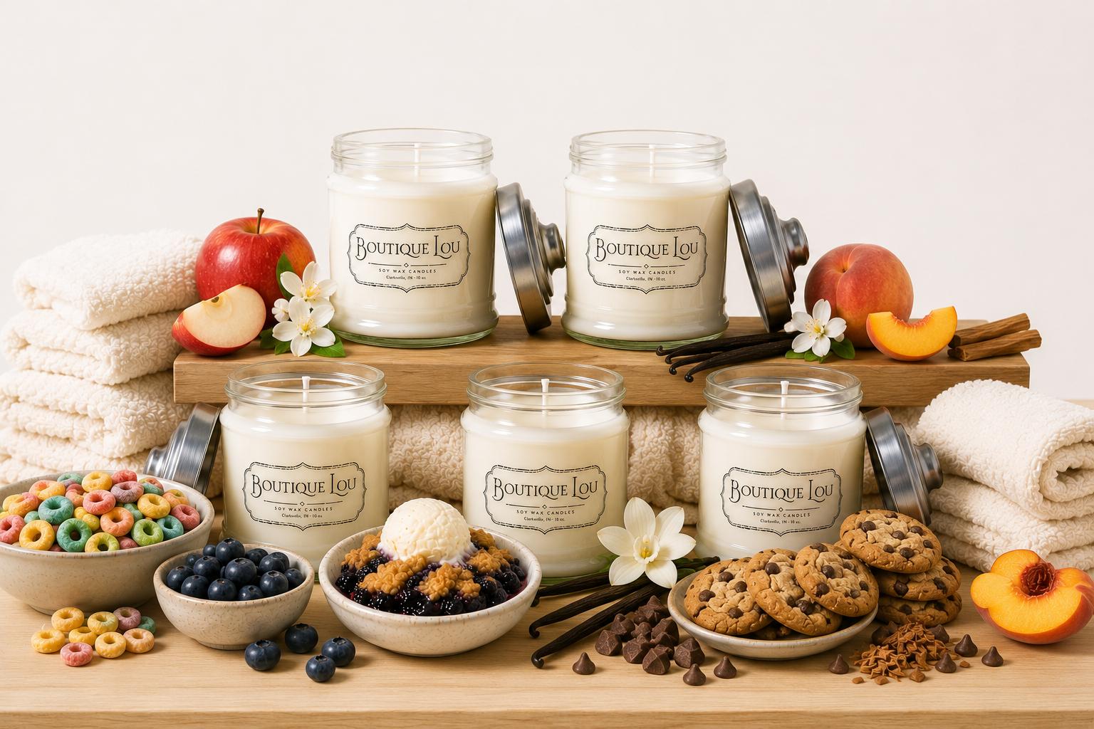 Five Boutique Lou soy wax candles displayed with fresh fruit, cookies, and towels
